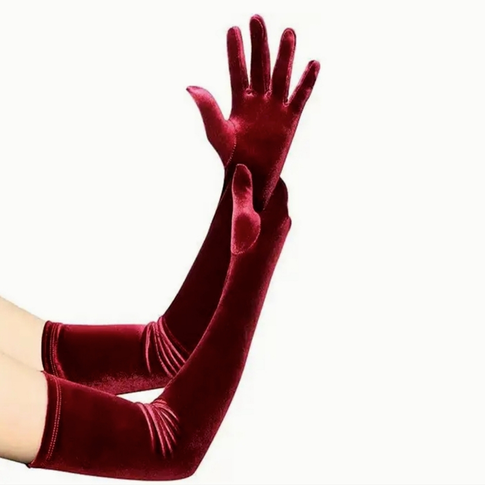 Luxurious Elegant Velvet Opera Gloves Long Length Red Wine Burgandy Color NWT